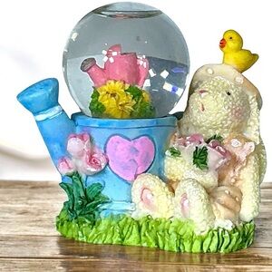Snow Globe Vintage Easter Bunny and Chick Watering Can Ceramic Collectible 1990